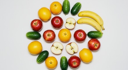 Fresh Fruits and Vegetables Arrangement on White Background for Healthy Eating