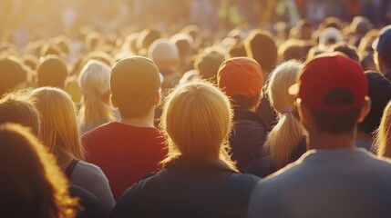 Crowd of People Gathered Together in Warm Sunlight Back View