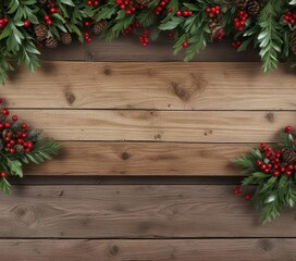 Wide horizontal wooden banner featuring pinecones, holly berries, and mistletoe,  Christmas ornaments,  Holly berries