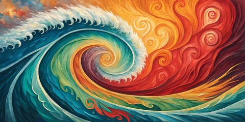 Spiral Ocean Fire Abstract Oil Painting, Swirling Waves, Energy, Color, Abstract art, ocean, fire Abstract art