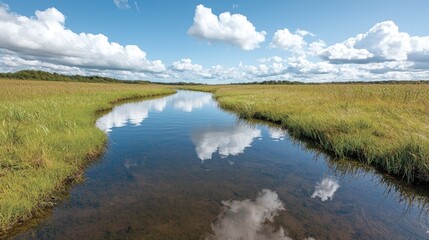 Fototapeta premium Serene River Winding Through Grasslands Under a Cloudy Sky. Possible use Stock photo for nature, tranquility, scenic beauty