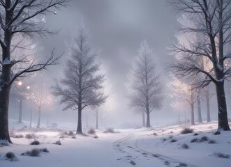 Obraz premium Winter misty landscape with snow-covered trees and subtle festive lights, winter, landscape