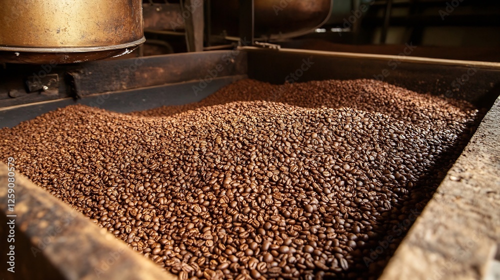 Poster freshly roasted coffee beans piled high in a dark rustic environment ready for brewing : generative 