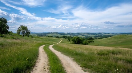 Fototapeta premium Picturesque Country Road Winding Through Rolling Green Hills Under Blue Sky : Generative AI