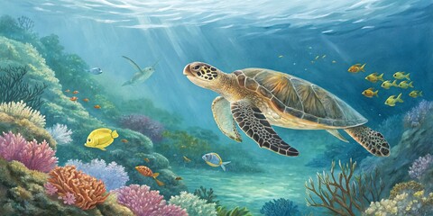 Obraz premium Underwater Sea Turtle Painting Vibrant Coral Reef Scene, Oil on Canvas, Marine Life,Ocean,Coral Reef Marine Life,Underwater Art