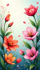 Botanical illustration of blooming flowers in spring, garden, color, bloom