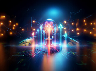 Futuristic double exposure art with glowing arrows and abstract light trails creates a sense of depth and technological advancement.
