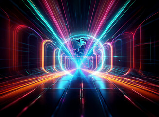 Vibrant double exposure image featuring a glowing globe enveloped by neon light trails, set within a futuristic tunnel. Dynamic and colorful scene with a sense of speed and connectivity.