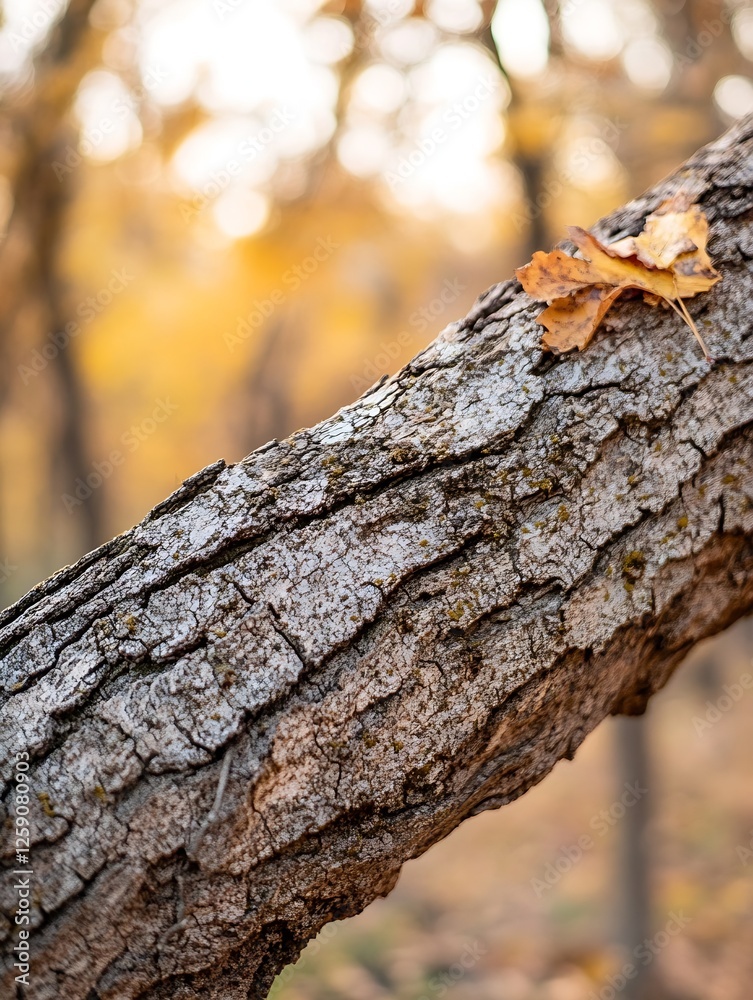 Aufkleber textured tree bark with autumn leaves reflecting the beauty of nature's transition : generative ai