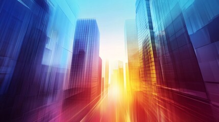 Vibrant city center with sun shining through skyscrapers