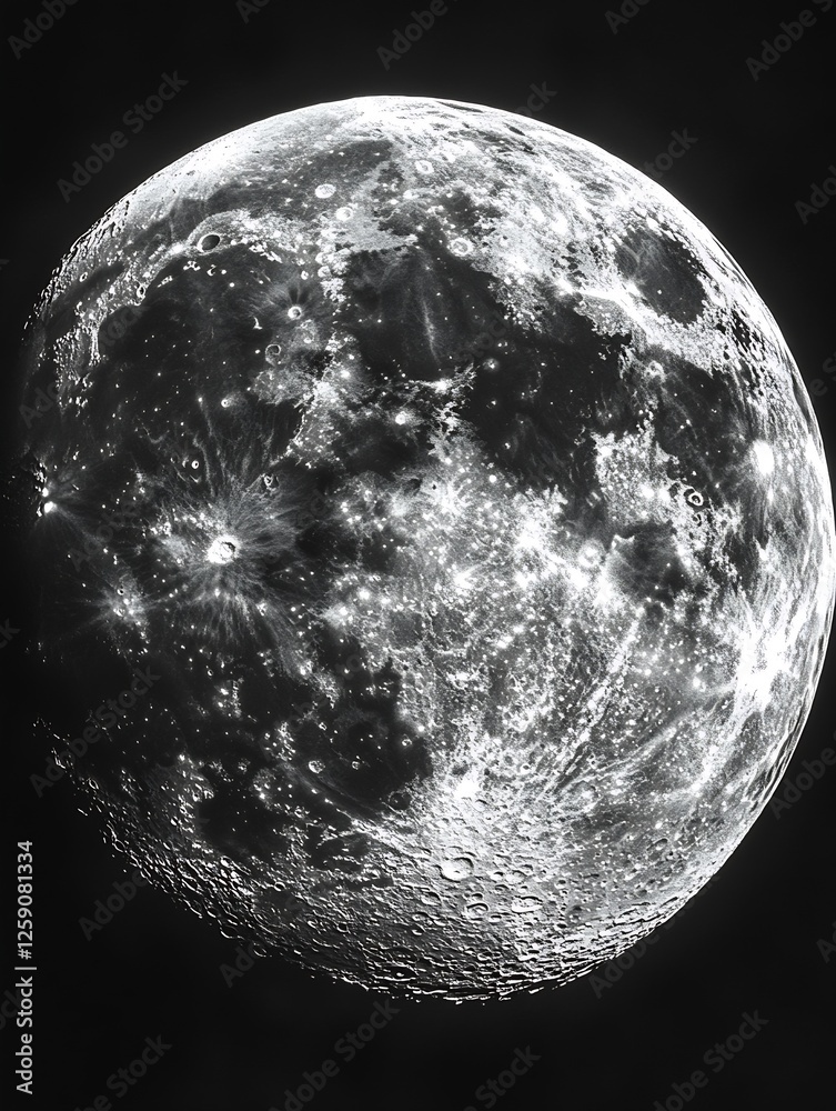 Poster close-up view of a full moon with craters and bright stars in dark sky : generative ai