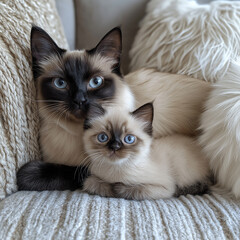 Birman kitten and cat with fluffy fur and blue eyes, adorable pet on a white cushion