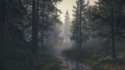 Obraz premium Ultra-realistic image of a serene forest with tall pine trees, a winding path, and soft morning mist filtering sunlight 