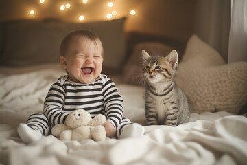 Adorable baby and striped Siberian kitten smiling happily in a cozy bedroom setting
