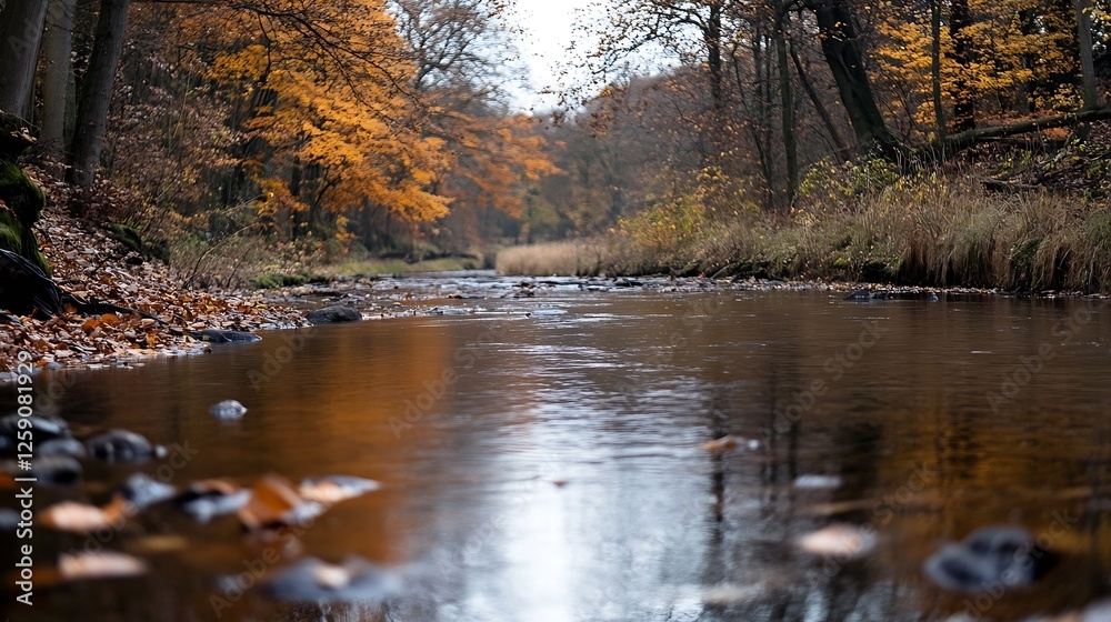 Poster calm autumn river scene with reflections of trees and leaves in tranquil water surrounded by nature 