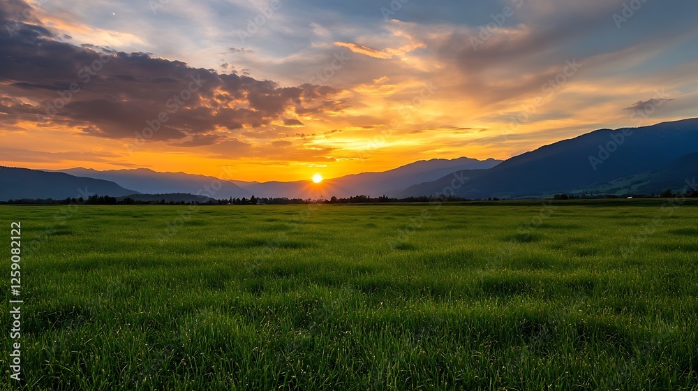 Poster breathtaking view of a tranquil landscape during sunset with vibrant colors illuminating the mountai