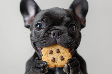 French Bulldog puppy with cookie, cute dog and chocolate brown cream pet in adorable snack pose