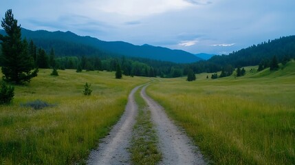 Obraz premium Serene Path Through a Meadow in a Mountainous Region at Dusk : Generative AI
