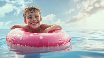 Joyful young boy floating on a pink inflatable ring in the sea