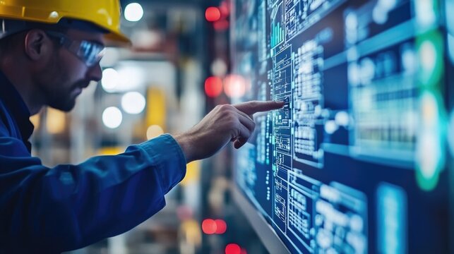 working hand of operator controller over Scada system data base on computer screen at power plant factory.
