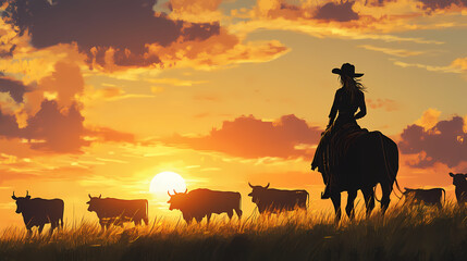 Naklejka premium A cowgirl guiding cattle at sunset, embodying the essence of rural life and freedom. Silhouette Nomads. Illustration