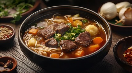 Traditional Taiwanese beef noodle soup with vegetables. Featuring a hearty and flavorful dish. Highlighting the texture and flavors of the beef noodle soup. Ideal for food and cultural themes.