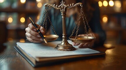 Lawyer reviewing documents, scales of justice, law office, bokeh background, legal concept
