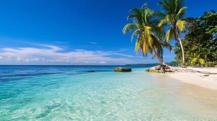 Fototapeta premium Stunning Tropical Beach with Crystal Clear Water and Palm Trees Under a Bright Blue Sky Inviting Relaxation : Generative AI