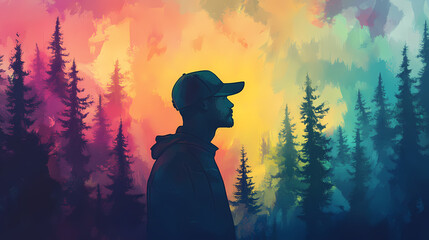 A silhouette of a man wearing a cap stands against a colorful forest backdrop, evoking a sense of adventure and tranquility in nature. Silhouette Nomads. Illustration