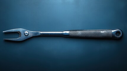 Obraz premium Flathead forked metal pry tool with textured handle on dark blue background showing full length for detailed inspection and versatile application