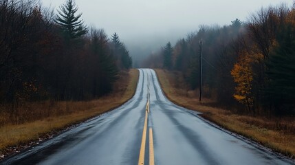 Fototapeta premium Winding road through a hazy forest landscape on a rainy day evoking a sense of adventure : Generative AI