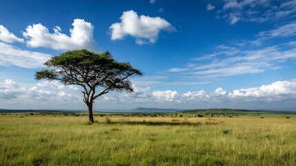 Obraz premium Lone acacia tree standing majestically on the savannah under a bright blue sky with fluffy clouds : Generative AI