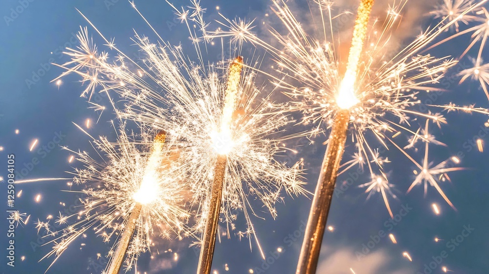 Poster Vibrant sparklers creating sparkling light trails against a twilight background : Generative AI
