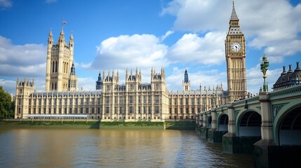 Fototapeta premium Iconic London Parliament Building with the Thames River and Big Ben : Generative AI