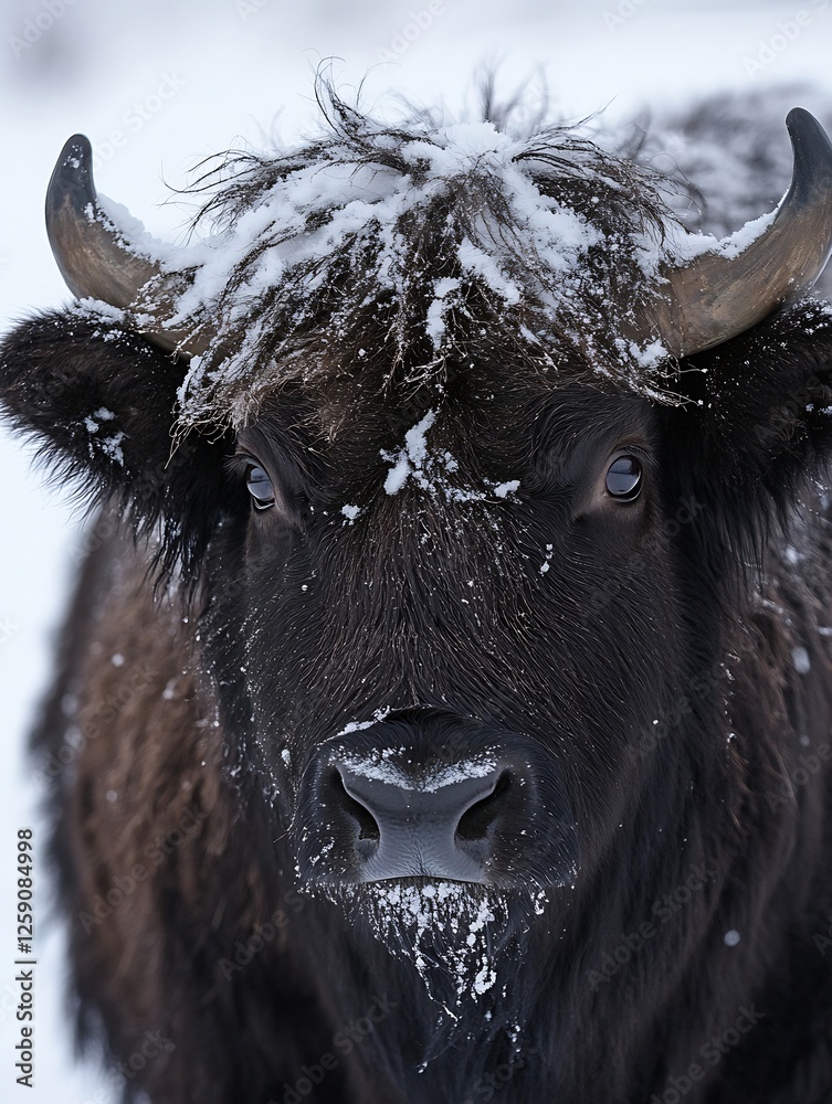 Poster snow covered bison with frosted fur against a winter wonderland background : generative ai