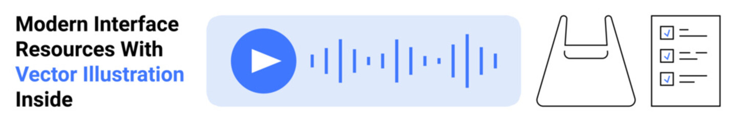 Play button with audio waveform, shopping cart outline, checklist. Ideal for media, e-commerce, planning, task management, digital UI, modern apps flat landing page banner
