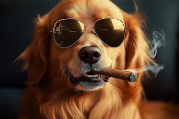 Cool Golden Retriever dog wearing sunglasses and a cigar, stylish canine portrait with fur detail