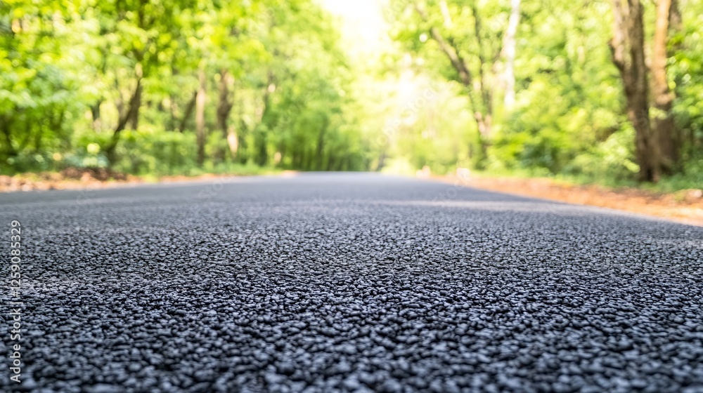 Poster smooth asphalt pathway surrounded by lush green trees in a peaceful forest : generative ai