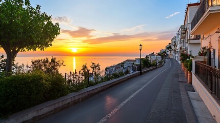 Obraz premium Breathtaking Sunset Over Peaceful Coastal Road Brightening Evening Views and Travel Inspiration : Generative AI