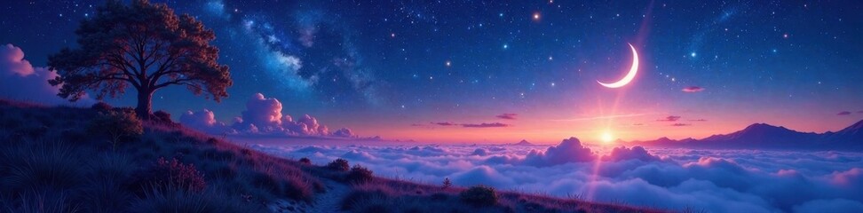 Naklejka premium Celestial landscape with stars and crescent moon, astral, celestial, galaxy