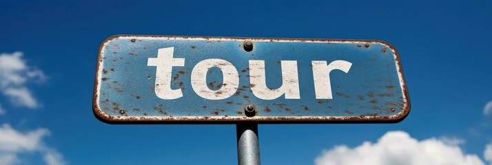 Old Weathered Road Sign for Tour with a Bright Blue Sky Background Representing Travel and...