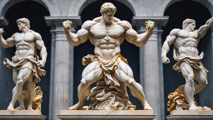 Fototapeta premium Classical sculptures depict powerful figures in dynamic poses showcasing strength and artistry in a grand architectural setting during daylight