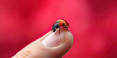 Ladybug on Fingertip Closeup Macro Red Background Nature Insect