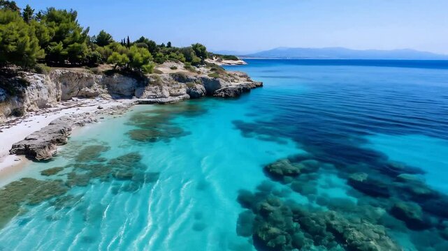 aerial view drone video of beach coastline summer holiday with trees blue water