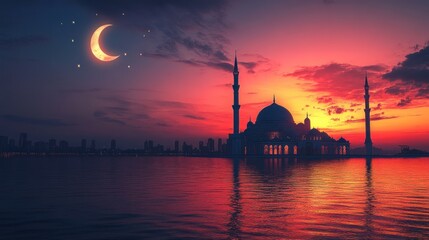 Obraz premium Majestic Mosque Sunset Cityscape Crescent Moon Stars