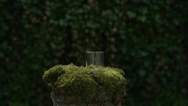 Pouring Water Into a Glass Slowmotion On Moss On a Tree Stump Background