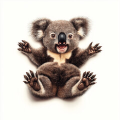 Fototapeta premium Niedlicher Koala zeigt fröhliches Gesicht mit ausgebreiteten Pfoten