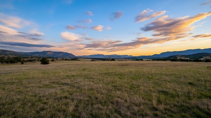 Fototapeta premium Scenic landscape of a wide open field against dramatic sky and mountains : Generative AI