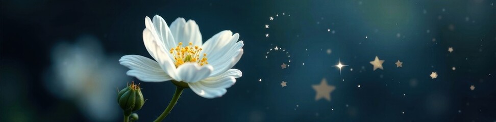 Fototapeta premium Close-up of a single white flower surrounded by a halo of small black and white stars and a crescent moon, delicate, mystical, floral motif