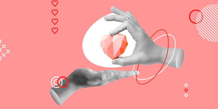 Naklejki Precious Love. Polygonal heart carefully held by hands. Great for themes of love, value, trust, and relationships. Minimalist art collage